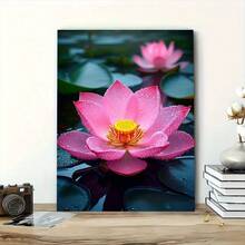 [2D Flat] 1pc  Pink For Lotus Canvas Painting, 29.97x39.88 Cm, Wooden Framed Wall Art, Ready To Hang, Contemporary Style, Indoor Decor For Living Room, Bedroom, Kitchen - Ideal Gift For Her Or Him, Living Room Decor |   Tranquil Wall Art |   Wooden Frame, For Lotus Flower Wall Art, Perfect For Room Decor - 多色 - 查看 7