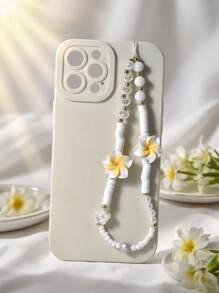 1pc Soft Ceramic Plumeria White Ingot Faux Pearl Phone Lanyard, Smartphone Beaded Strap, Camera/Bag Charm