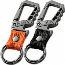 Llavero de metal resistente, clip de mosquetón, abridor de botellas, anillo de muñeca, llavero de coche unisex para hombres y mujeres - Negro + naranja - Ver 1