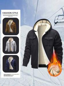 男士冬季保暖连帽衫，多口袋加厚套头卫衣，可调节抽绳帽，罗纹袖口和拉链前襟设计，适合户外徒步、慢跑、钓鱼、健身和休闲穿着，防风保暖内衬，男士冬季外套 - 黑色 - 查看 10