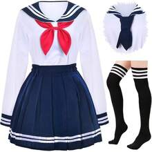 Japanese Sailor Uniform For Girls, Navy Blue Pleated Skirt Cosplay Set With Socks, Anime School Costume - 白色和海軍藍 - 查看 12
