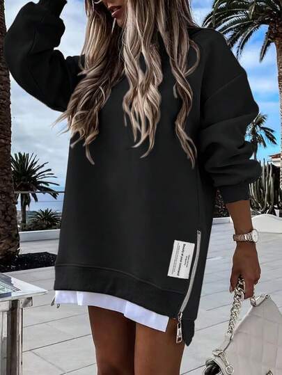 ChicMe Womens Crew Neck Long Sleeve Pullover Sweatshirt Dress Zipper Slit Design Faux Two Pieces Solid Casual Oversize Outfit For Daily Street