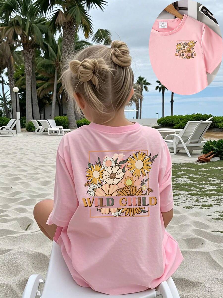 Young Girl Cute Casual Floral & Slogan Print Short Sleeve T-Shirt - Pink - View 1