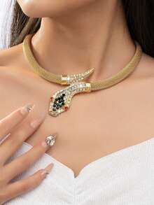 1pc Fashionable & Elegant Rhinestone Encrusted Snake Design Necklace Choker, Unique Creative Luxury Minimalist Clavicle Chain, Personalized Jewelry For Women - Yellow Gold - View 1