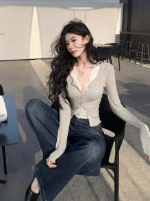 性感别致的女士V领拼布纽扣短款上衣 - 灰色 - 查看 5