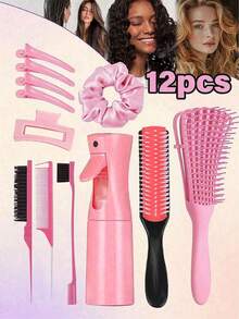 12pcs Hair Brush Set, Includes 200ml Continuous Spray Bottle, High-Quality Wide-Tooth Comb, Scalp Massage Shampoo Brush, Straightening Brush, Edge Brush, Volumizing Brush, Tail Comb, 4pcs Hair Clips And Hair Ties, Hairstyling Tools Set, Hair Accessories - Nine-row Comb 12pcs - View 12