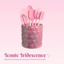 Paris Hilton Embossed Hearts Ceramic Utensil Crock, Fits Up To 18 Kitchen Gadgets, Multipurpose Holder, Decorative Vase, Pink Iridescent - Hồng - Xem 2