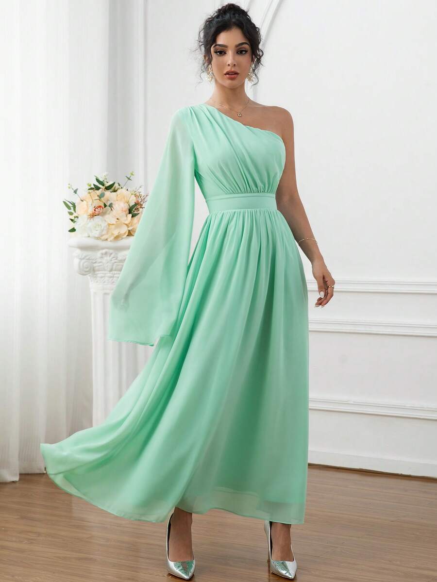 Fashion A-Line Slim Solid Color Chiffon One Shoulder Formal Cocktail Dress For Reception Dinner Wedding Bridesmaid