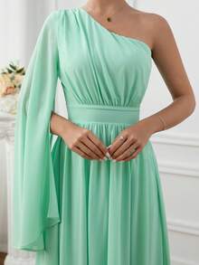 Fashion A-Line Slim Solid Color Chiffon One Shoulder Formal Cocktail Dress For Reception Dinner Wedding Bridesmaid