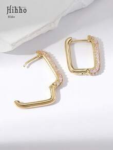 Hihho 2pcs European & American Styles Cubic Zirconia Inlaid Hoop Earrings, U-Shape Ear Cuffs, Round Earrings For Women, Fashion Minimalist Jewelry Accessories - Yellow Gold - View 6