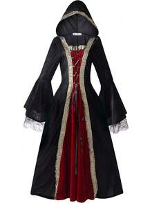 Elegant Medieval Tea Party Dress For Women, Victorian Era Velvet Gown With Puff Sleeves, High Waist Long Dress With Belt & Gloves - 綠色(連帽) - 查看 8