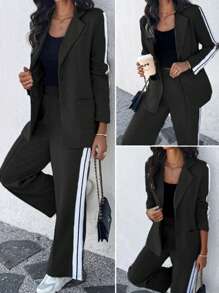 ChicMe Women 2 Pieces Wool Blend Suit Set Notched Collar Single Breasted Blazer Jacket With Side Stripe High Waist Pocket Wide Leg Pants Casual Elegant Office Streetwear - Black - View 2