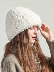 女士厚保暖内衬人造毛皮护耳针织帽，百搭休闲涤纶柔软无檐便帽，秋冬 - 帽子 - 查看 2