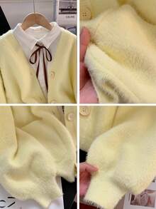 1 件奶油黄色优雅仿毛领开衫，带口袋，适合秋冬季约会、休闲户外活动和旅行
