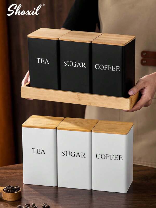 shoxil 3PCS/Set Square Coffee Storage Can, Coffee Bean Canister, Tea Canister, Sugar Canister, Bamboo Lid & Iron Body Container, For Coffee Beans, Tea Leaves, Snacks, Home Kitchens, Coffee Shops, Pantry Organization, Gift Giving