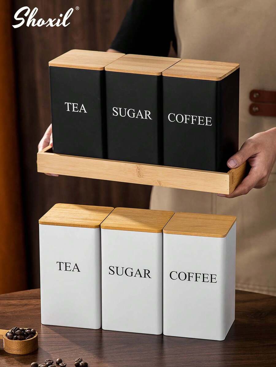 shoxil Set de 3 latas de almacenamiento cuadradas para café, recipiente para granos de café, recipiente para té, recipiente para azúcar, tapa de bambú y Body de hierro, para granos de café, hojas de té, aperitivos, cocinas del hogar, cafeterías, organización de despensa, regalo