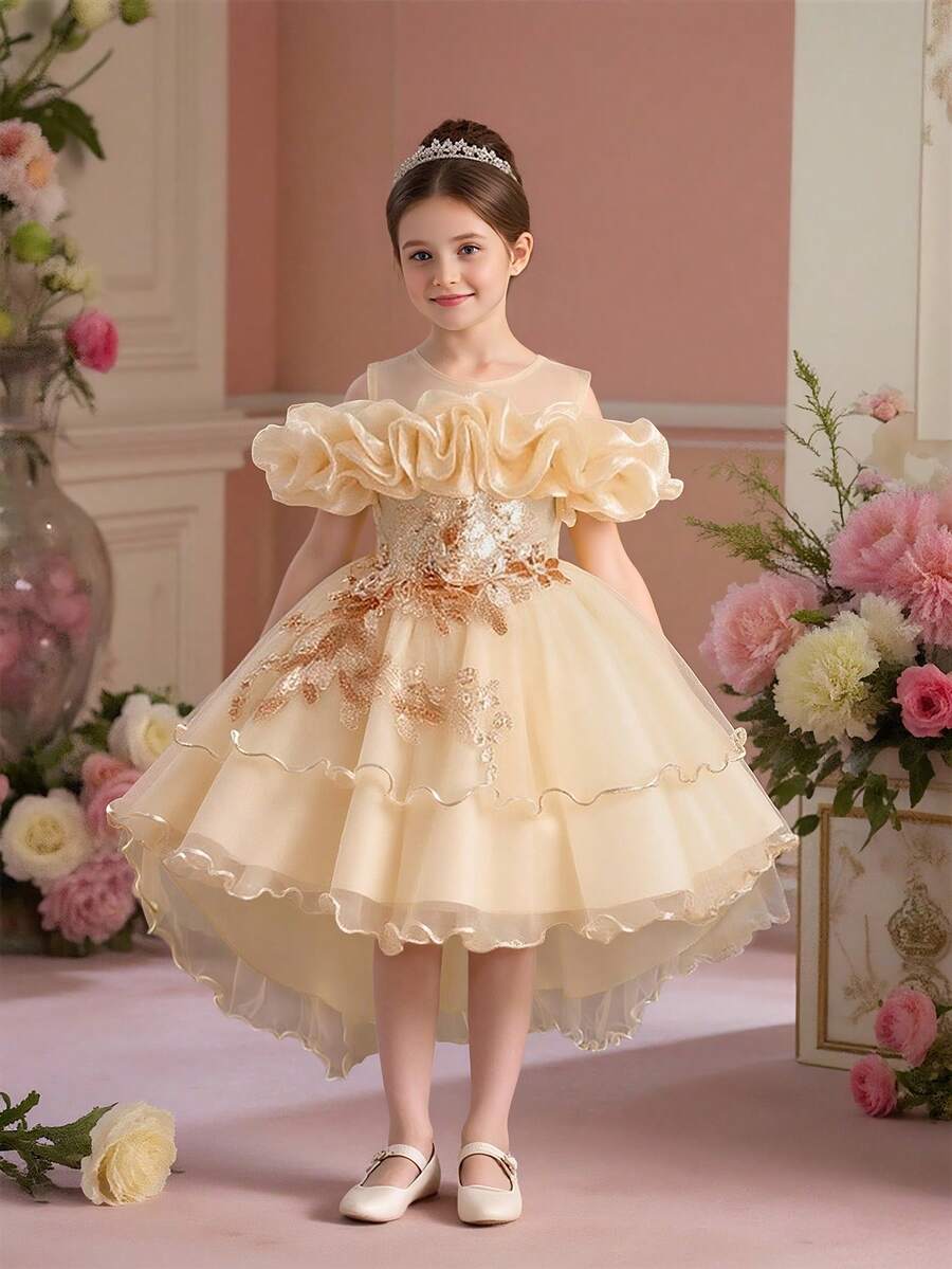 Young Girls Applique Tulle Elegant Tailcoat Princess Dress, Suitable For Birthday Party, Banquet, Does Not Include Headband - 香檳色 - 查看 1
