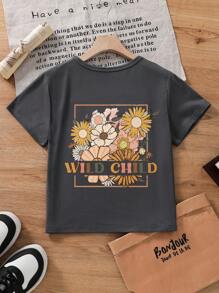 Young Girl Creative Floral & Slogan Print Short Sleeve T-Shirt
