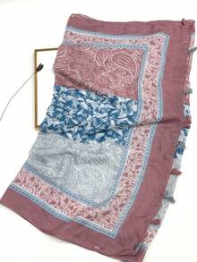 Lenço leve estampado com franjas, design elegante, xale feminino, respirável, para proteção solar na praia, versátil para a cabeça, ideal para primavera/verão. - Rosa Empoeirado - Ver 4
