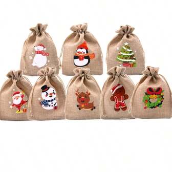 10pcs Pattern Random Christmas Burlap Bag Cotton Drawstring Bag Christmas Printed Gift Bag Holiday Decoration Bag Christmas Gift Decoration Bag