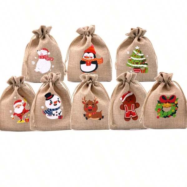 10pcs Pattern Random Christmas Burlap Bag Cotton Drawstring Bag Christmas Printed Gift Bag Holiday Decoration Bag Christmas Gift Decoration Bag