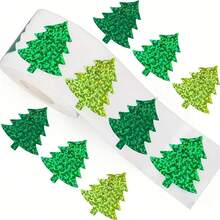 500pcs Glitter Christmas Tree Sticker Roll - Self-Adhesive PVC Glossy Holiday Labels, Suitable For Gift Wrapping, Scrapbooking, Cards - Asymmetrical Shape, Green & Gold Glitter, Christmas Stickers, Scrapbooking Accessories, Durable Design - Multicolor - View 1