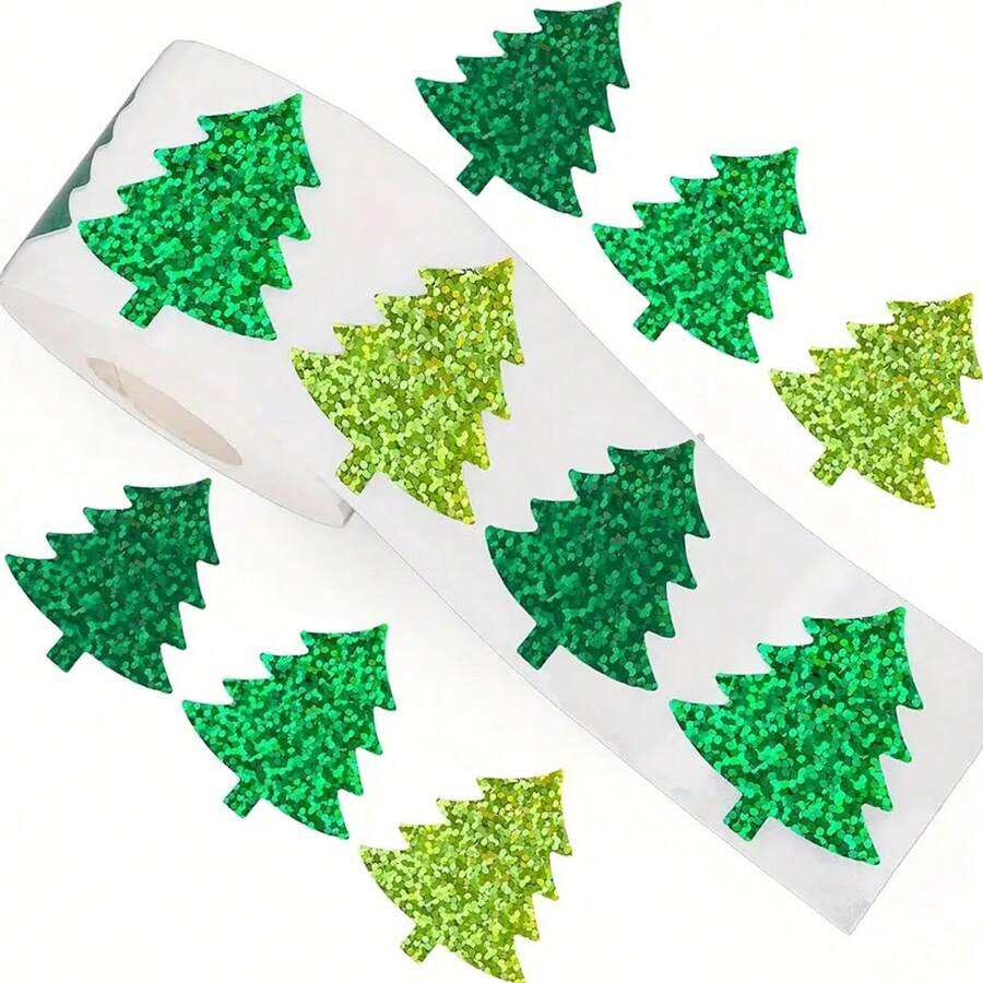 500pcs Glitter Christmas Tree Sticker Roll - Self-Adhesive PVC Glossy Holiday Labels, Suitable For Gift Wrapping, Scrapbooking, Cards - Asymmetrical Shape, Green & Gold Glitter, Christmas Stickers, Scrapbooking Accessories, Durable Design - Multicolor - View 1