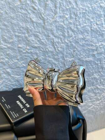 1pc Mini Metal Silver Bow Decor Cute Crossbody Bag, Mini Evening Clutch Bag With Metal Bow Detail, Fashionable Personalized Girl's Chain Bag, Suitable For Party And Date, Shoulder Crossbody Bag For Female, Best Gift For Friends And Family