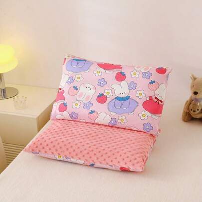 1pc Pillowcase (Without Pillow Insert), Cartoon Animal, Strawberry, Floral Print, Front, Reverse Warm & Soft Dotted Fleece, Reversible, Zipper Removable, Machine Washable, Suitable For Children & Teenagers, All Seasons, Multiple Cartoon Designs