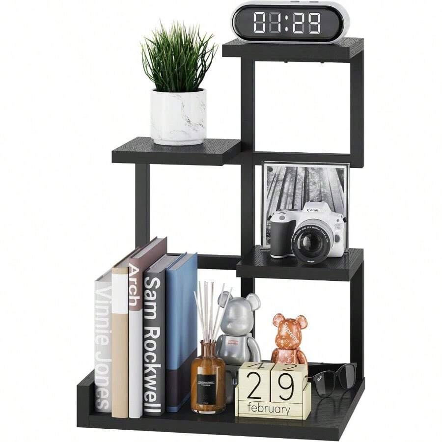 Desktop Shelf Organizer, 4 Tier Storage Display Rack, Desk Shelf Organizer Small Bookshelf With Metal Frame For Office, Books, Plants, 12.2"X 9.45"X 17.52", Rustic Brown Black UHSR007H - 黑色 - 查看 1