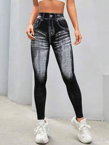 haochu Women's V-Back Denim Print Fitness Leggings, Butt-Lifting Seamless Sports Yoga Pants - màu đen - Xem 5