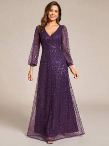 EVERPRETTY 春季女士优雅闪亮V领长袖亮片礼服,适合婚礼、舞会、毕业典礼、正式场合、新娘、新娘母亲、婚礼宾客、晚宴、生日派对、节日派对、家庭聚会、新年等半正式场合。 - 紫色 - 查看 6