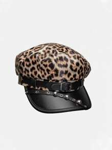 1pc Women Punk Leopard Print Spider Rivet Leather Beret Hat, Suitable For Daily Commute Or Party Halloween