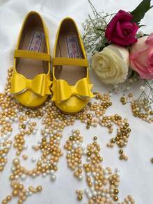 zapato zapatilla flats valerina para niña con moño para fiestas eventos especiales balerina recubierto amarillo - Amarillo - Ver 6
