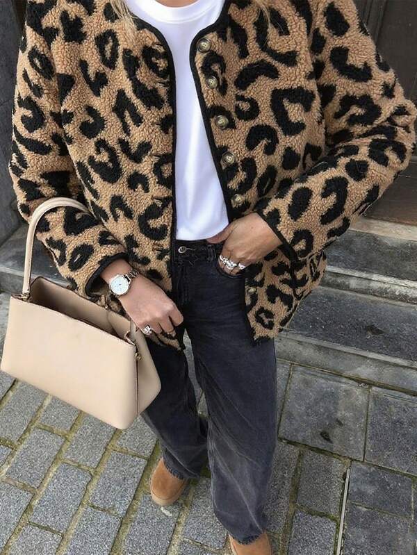 1 قطعة جاكيت نسائية من الفرو الصناعي بجيب على شكل نمر، كاجوال للخريف/الشتاء