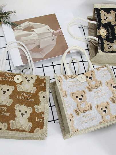 1pc Cute Bear Linen Tote Bag, Ins Japanese Style Small Crossbody Bag, Summer New Adorable Bear Handbag, Shoulder Bag For Students, Women, Gift