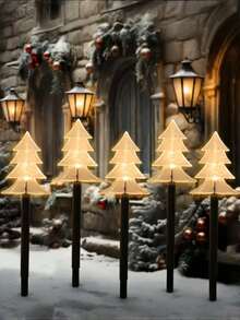 1 Pack Of 5 Solar Powered LED Christmas Tree Path Lights - Warm White, 5-Pointed Star/Snowflake Design, Outdoor Waterproof Holiday Decor, Auto Solar Charging During Day, Auto Lighting At Night, Ground Lighting, Easy Installation, No Wires Needed, Ideal For Winter Parties, Home, Pathways, Gardens, Walkways, Patios, Planters, Sidewalks, Christmas, Holidays, New Year, And Lawn Ambiance Lighting