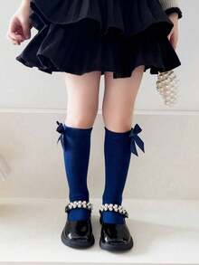 2 Paar Kinder Einfarbige Spitze Schleife Kniestrümpfe, geeignet für 1-12 Jahre alt, weiß, schwarz, navy, passend für den Schulanfang