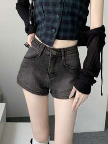 复古水洗牛仔休闲短裤，夏季 - 灰色 - 查看 2