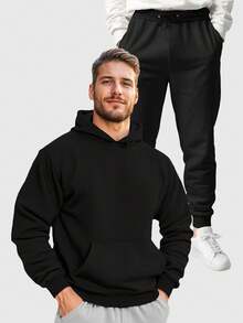 Men's Plain  Sweatshirt And Pants Set, Various Colors, No Print - Black - View 1