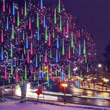 LED Meteor Shower String Lights, Battery Powered, 8-Tube Christmas Tree Hanging Decor, Suitable For Holiday Lighting, Christmas, Halloween, Wedding, Yard, Home Decoration