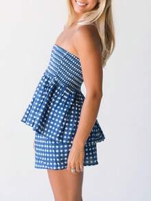 Women 2 Piece Skirt Set Y2k Striped Print Tube Tops Set Summer Cute Ruffled Bandeau Mini Skirt Outfits Streetwear - 深藍色 - 查看 2