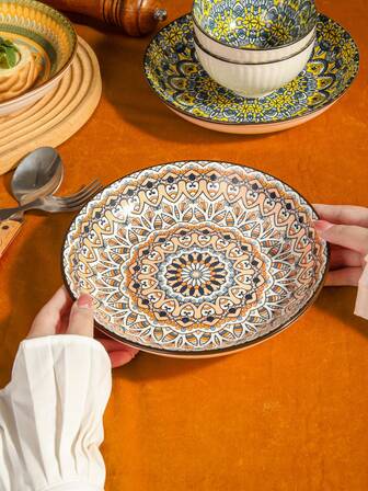 1pc/4pcs Set Bohemian Style Ceramic Dinner Plate, 4pcs Mixed Color Set, Suitable For Restaurant, Home, Party, Housewarming Gift