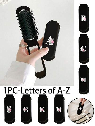Black 2-In-1 Foldable Hair & Makeup Mirror – Portable, Tabletop, Foldable 180 °, Contemporary Beauty Tool For Travel, Alphabet Letter And Pink And White Rose Flower Pattern, Folding Comb With Makeup Mirror, Easy To Carry, Perfect For Travel Outgoing Use, Dual-Use Air Cushion Comb, Scalp Massage Hair Comb, Suitable For School, Work, Travel, Vacation, Giving To Girls, Family, Friends, Colleagues, Mothers, Mother's Day Gifts,Travel Essentials,Hairstyle,Hairdressing,Hair Brush,Slick Back Brush,Styling Brush,Curly Hair Brush,Edge Brush,Hair Comb,Brush Hair,Hair Brush Set,Comb Hair,Comb For Curls,Detangling Brush,Hair Brush For Women,Hair,Travel,Hair Products,Hair Tools,Hair Stuff,Barber,Barber Accessories,Barbershop,Hairdressing Equipment