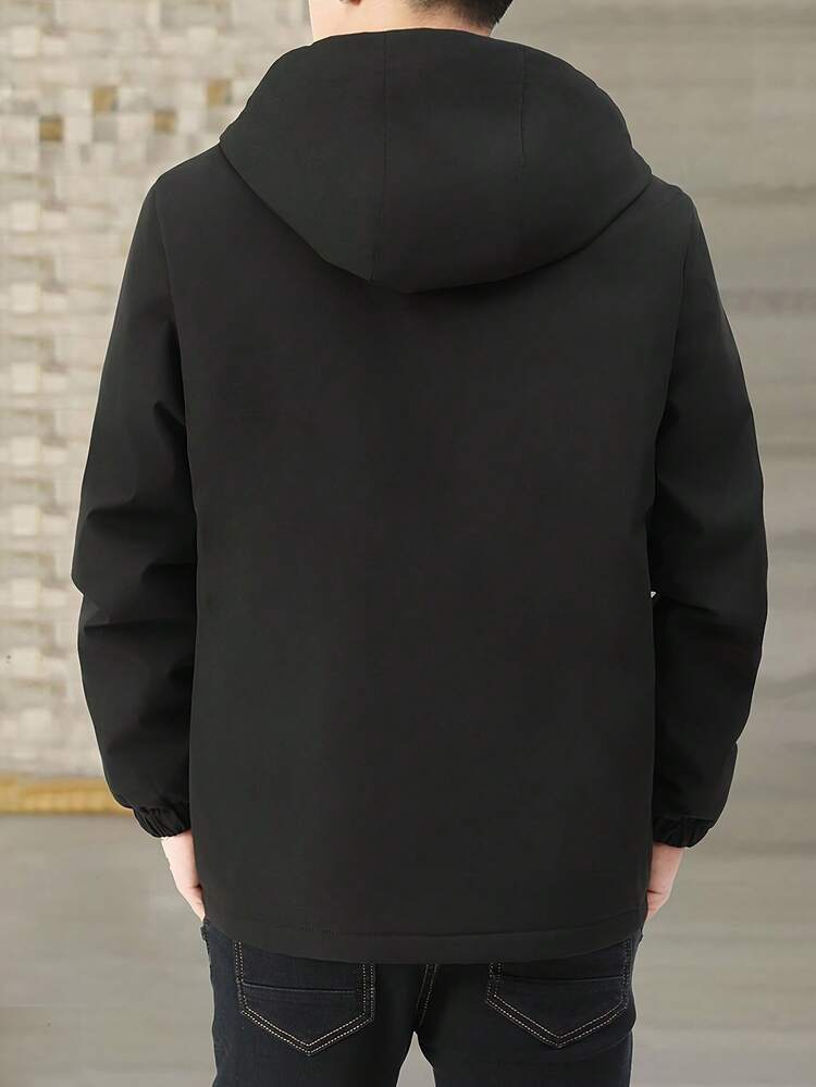 1 Peça Jaqueta Forrada Térmica Masculina, Casaco Casual com Capuz para Outono e Inverno - Preto - Visão 2