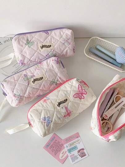 1 件奶油风格绗缝蝴蝶铅笔盒学生甜美铅笔盒便携式文具收纳袋化妆品收纳袋