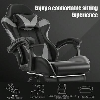 OYAJIA Gaming Stuhl, Bürostuhl Gaming Sessel Ergonomischer Gamer Stuhl mit Fußstütze, Kopfstütze Lendenkissen, Gepolstert Gaming Chair, Drehsessel 150KG, Schwarz und Grau