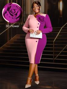 Plus Size 1pc Color Block V-Neck Ruffle Decor Long Sleeve Fitted Dress, Party Dress, Wedding Guest Cocktail Dress - Pink - View 2