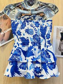 Printed Cropped Blouse With Elastic Ruffle - Blue - View 2