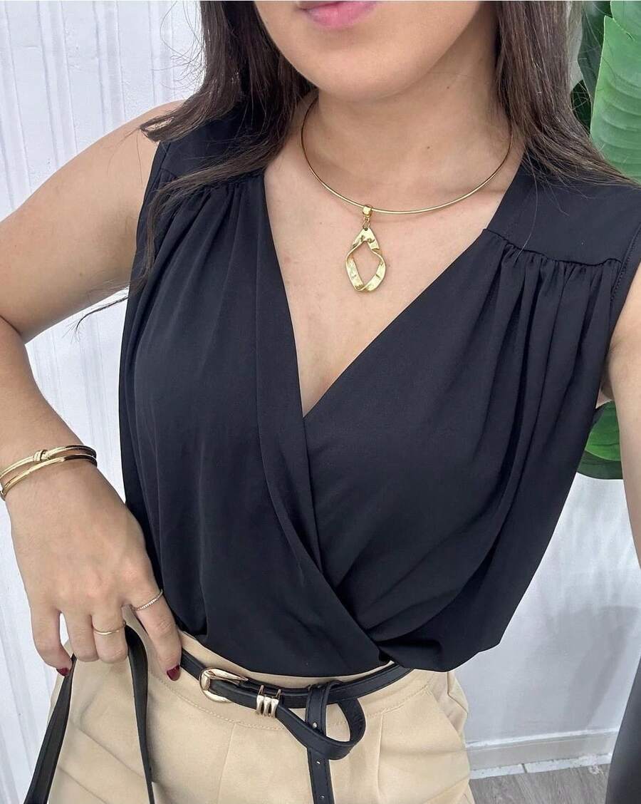 Cropped Women's Blouse Fluist Polyamide Fabric Tank Top Simple Knitted Fabric V-Neck Piece Crossed Casual Holiday Daily Bachelorette Party Travel Summer - 黑色 - 查看 1